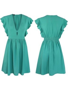 FANCYINN Peacock Blue Plunge V-Neck Ruffle Mini Dress A-Line Skater Pockets Sz L